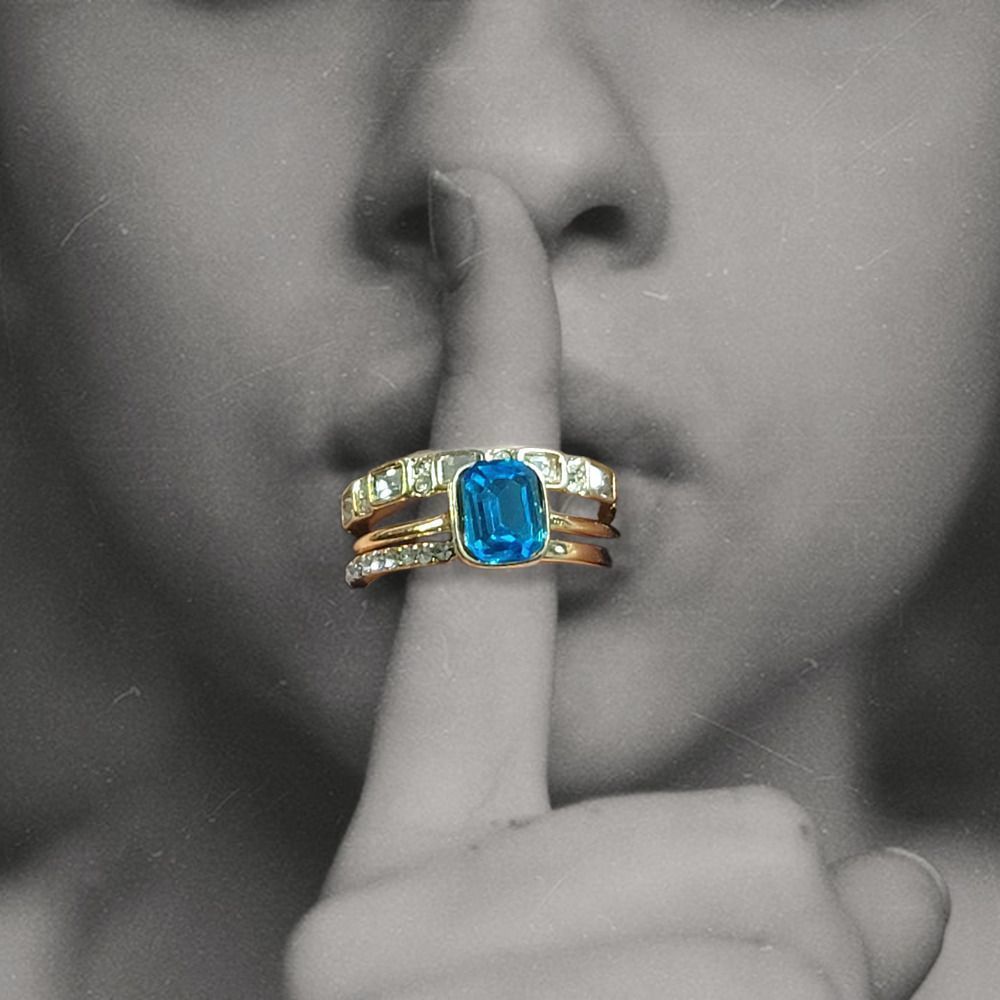 Goldtone Simulated London Blue Topaz Diamond Three Ring Set Size 8.5